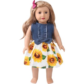 NIXNUT Doll Clothes Jeans Dress with Bow Summer Clothing for American Girl Doll 18-inch with Sunflower Pattern