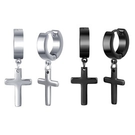 Feilok 2 Pairs Stainless Steel Cross Huggie Hoop Mens Stud Earrings Set Piecing Jewellery for Women Men silver black