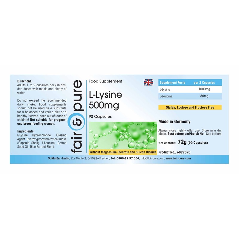 L-Lysine Capsules 500 mg - Vegan - No Magnesium Stearate