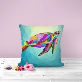 The Beach Stop Decorative Colourful Neon Sea Turtle Blue Scatter Cushion Cover | Living Room and Bedroom Decor | Unique Gift Idea for Animal Lovers | 45x45cm 18x18” | Rainbow Turtle