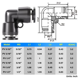 TAILONZ PNEUMATIC Black Elbow 1/4 inch Tube OD 90 Push to Connect Tube Fittings Push Lock PV-1/4 (Pack of 10)