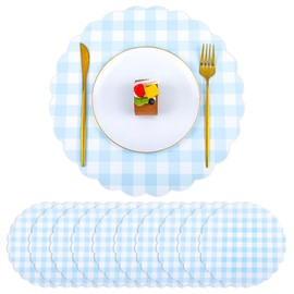 Houuqe 60Pcs Blue Paper Placemats,13.3 Inch Gingham Party Paper Placemats Disposable Blue and White Plaid Placemat with Scalloped Edge for Table Setting Banquet Wedding Party Supplies