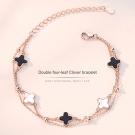 TOEECY Four-Leaf Clover Bracelet for Women Girls 18K Rose Gold Plated Silver Plated Five Flower Peacock White Mother-Of-Pearl Black Onyx Jewelry Gift (#3)