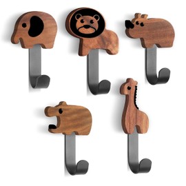 Biroyal Children's Coat Rack, Coat Hooks for Children in Animal Shape, Walnut Wood Wall Hooks, Children's Wall Hangers, Animals Lion/Elephant/Hippo/Giraffe/Rhino(Including 5 Black Metal Hooks)
