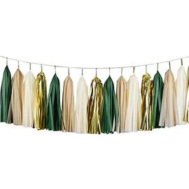 Shiny Tassel Garland Tissue Paper Tassel Banner,Table Decor,DIY Kits for Tassels Party Decoration,Pack of 20 - (Green/Gold/Beige/Khaki)