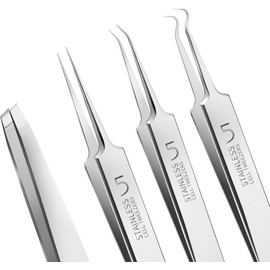 Teenitor - 4 pinzas profesionales para puntos negros, herramientas para quitar puntos negros y kit de herramientas para hacer pinchos, pinzas para el cabello encarnado, pinzas de precisión de acero