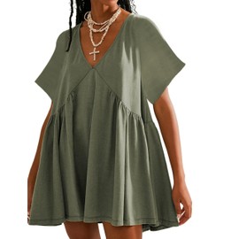Freyhem Womens Summer Mini Dress Casual Short Sleeve Loose V Neck Swing Sundress with Pocket(GreyGreen-M)