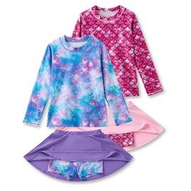 Liberty Pro 4 Pack Girls Rash Guard Two Piece Bathing Suit Long Sleeve Swimsuit - Toddler Swimwear with Skirts Shorts 3-12T, (Set 2, 3-4T)
