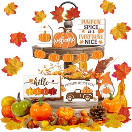 61 Pcs Thanksgiving Tiered Tray Decoration Fall Tiered Tray Decor Farmhouse Rustic Wooden Sign for Tabletop Kitchen Office Decorations