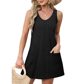 OFEEFAN Bathing Suit Cover Up for Women Summer Dresses 2025 Loose V Neck Trendy Dress Sundresses Beach Fashion Eyelet Black L