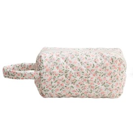Floral Makeup Bag, Pink Makeup Bag, Quilted Makeup Bag, Cotton Portable Toiletry Bag, Quilted Floral Cosmetic Bag Wash Organizer Pouch for Women Girls Ladies, Cute Makeup Bag, Pink Makeup Bag (Pink)