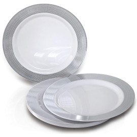 " OCCASIONS " 560pcs set (80 Guests)-Heavyweight Wedding Party Disposable Plastic Plate Set-80 x 10.5'' + 80 x 6.25'' + Silverware + Cups + Napkins (Linen in White & Silver)