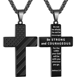 Eulinviak Black American Flag Cross Necklace - 24" Scratch-Resistant Steel Chain & Bible Verse Pendant, Religious Jewelry Gift for Baptism, Easter, Military