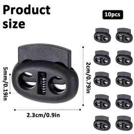 Ajcotahm 10Pcs Toggles for Drawstrings, Plastic Spring Cord Locks Black Dual-Holes Shoe Lace Tie Locks Drawstring Stopper Fastener for Shoelaces Drawstrings Sweatpants Hats Clothing Bags (Flat)