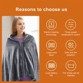 IUIBMI Heated Throw Blanket Plush USB Electric Throw Blanket with Zipper, Adjustable 3 Levels Temperature, Wearable Portable Throw Poncho Wrap for Shoulder and Neck, Machine Washable, 59x 33.5 inch