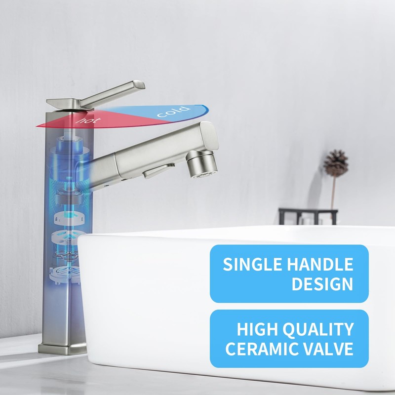 HANLIAN Single Hole Bathroom Pull Out Faucet with Rotating Spout,