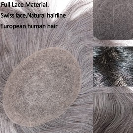 Lishy European Human Hair Toupee for Men Soft Full Swiss Lace Hair Replacement System Hairpieces 10"x8" Straight 1B Mixed 70% Grey White Hair