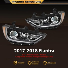 CNNELL Headlights Assembly Pair Compatible with Hyundai Elantra 2017-2018 Passenger & Driver Clear Lens Black Housing Amber Reflector