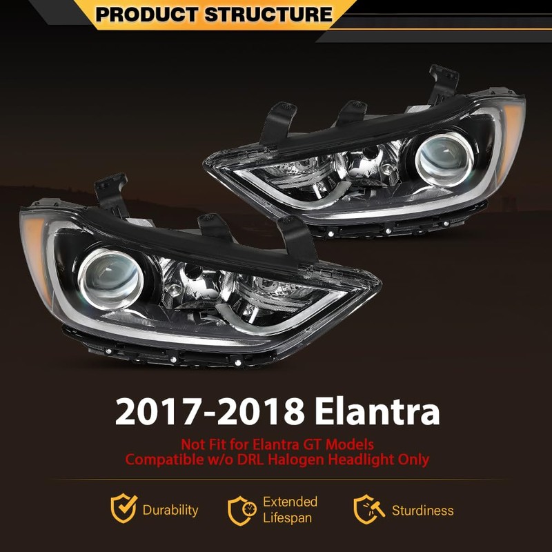 CNNELL Headlights Assembly Pair Compatible with Hyundai Elantra 2017-2018 Passenger