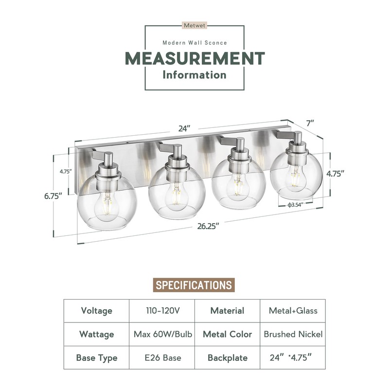 METWET Bathroom Light Fixtures, 4 Light Brushed Nickel Vanity Light,