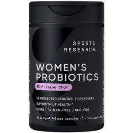 Sports Research Women's Probiotics with Prebiotics, 65 Billion CFU - Vegan Capsules for Gut Health & Digestive Support, Probiotics for Women with Cranberry - Non-GMO Verified & Gluten Free - 30 Count