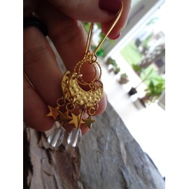 ⊹⊱☆ ★ GOLDENER ZARTER RING & HALBMOND, STERNE & TRANSPARENTER GLASTROPFEN ★ ☆⊰⊹ an goldenen, langen Kidney-Haken, Glas, gold und durchsichtig