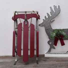 Wood Sleigh Decor Rustic Christmas Hanging Ornament, 10X19 Inch Decorative Sled Hanging Christmas Sled Decoration with Metal Base Wall Art Decor Sled Door Hanging Decoration Holiday Decor Xmas Gift