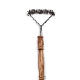 Dhampooh Stainless Steel Three Sided Grill Brush – BBQ Grill Cleaner for Outdoor Grills, 17” Extended Wooden Handle, No-Scratch, Heavy-Duty Barbecue Cleaning Tool