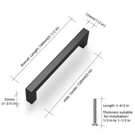 NISUOIEN 5 inch (128mm) Hole Center Matte Black Cabinet Pulls Stainless Steel Kitchen Cabinet Handles - Square Dresser Handles Drawer Pulls 5 Pack