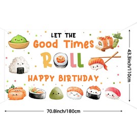 Lofaris Sushi Happy Birthday Banner for Kids – 70.8 x 43.3 Inch Kawaii Sushi Party Supplies, Japanese Themed Decorations for Kids’ Birthday Party, Asian Rice Roll & Sushi Go Party Décor