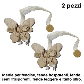GIRASOLE HOME 2 Pcs Wooden Butterfly Shaped Magnetic Tiebacks Shabby Chic Tie Backs with Organza String for Lightweight Curtains and Curtains (Butterfly, Natural)