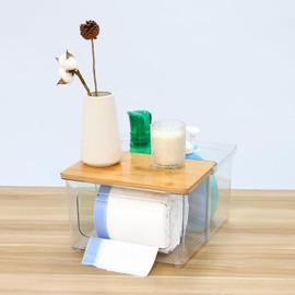 Trash Bag Holder Dispenser Under Sink 2 in 1 Retractable Garbage Bag Organizer with Bamboo Lid for Kitchen Pantry Cabinet Laundry Room Organization