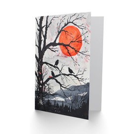 Artery8 Greeting Card Red Winter Sun and Birds on Forest Tree Landscape Blank For Him Or Her Art Birthday Card
