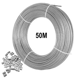 2 mm Wire Rope, 316 Stainless Steel Wire Cable, 50 m Long Aeroplane Cable with 25 Piece Crimping Loop Sleeve, 7 x 7 Stranded Core, 167 kg Breaking Strength, Perfect for Outdoor, Garden or Crafts