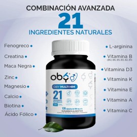 Multivitaminico Hombre 21 Ingredientes: Maca Negra, Fenogreco, L Arginina, Creatina, Zinc, Magnesio Complex, Vitamina B12, Vitaminas Complejo B | Testosterona Pre entreno | Suplemento Alimenticio Oby