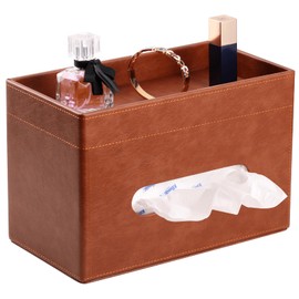 LAMOTI Rectangular Tissue Box Cover with Storage Tray, Leather Facial Tissue Box Holder for Bathroom, Office Table, Countertop, Night Stand & More (Brown)