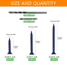 107 Pcs Concrete Screws with Drill bit Concrete Anchors Masonry Screws 3/16" tornillos para Concrete Cement Screws Assortment Kit for Anchoring to Masonry Brick Block Cement Stucco