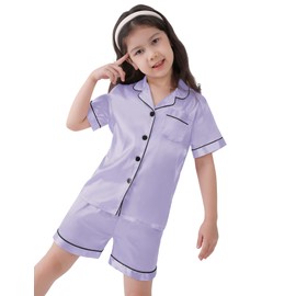 SWOMOG Satin Pyjamas for Girls Boys Baby Button-Down Pjs Sets Two-Piece Lounge Sets Soft Silk Sleepwear Lavender