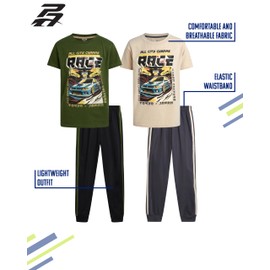 Pro Athlete Boys Sweat Suit Set - 4 Piece Short Sleeve Crewneck Athletic Graphic Tees and Tricot Jogger Sweatpants (8-16), Size 14-16, Beige/Olive Race