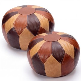 Gerrii 2 Pcs Unstuffed Moroccan Faux Leather Pouf Ottoman with Storage Round Boho Floor Pouf Foot Stool Decorative Ottoman Cushion for Living Room Bedroom Patio(Moroccan,Tricolor)