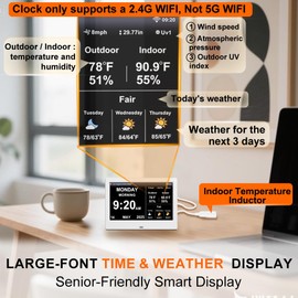 2025 Digital Clock with Weather Forecast & Temperature/Humidity Large Display,Auto Time Sync, Custom Alarms & Medication Reminders, Elderly Memory Loss (White, 7 Inch)