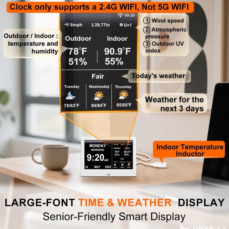 2025 Digital Clock with Weather Forecast & Temperature/Humidity Large Display,Auto