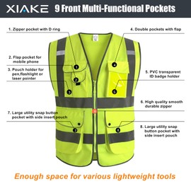 XIAKE 9 Pockets High Visibility Reflective Safety Vest, Zipper Front, Meets ANSI/ISEA Standards(Large,Orange)