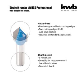 KWB 7551-20 HM Professional V-Nut Milling Cutter (for Wood, Diameter 14 mm, Width = 90°, 8 mm Shank, Precision-Ground Base Cut, Suitable for Standard Hand Routers), Blue/Grey