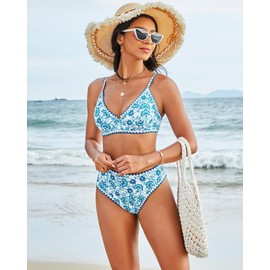 Jolefille Women High Waisted Bikini Sets-Tummy Control Swimsuit Two Piece Bathing Suit Full Coverage Teen Triangle Top Floral