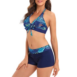 Century Star Traje de baño deportivo de dos piezas para mujer, con volantes, control de abdomen y cintura alta, Hojas Azul Marino, 2-4