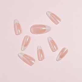 ASONRL 24 PCS Press on Nails Almond Medium- Pink Glossy French Tip Gel Nail Fake Nails, Glue On Nails Kit, Reusable Pink Aurora False Nails with Mini Nail File for Women- Solid Almond Chrome