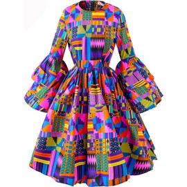 HongyuAmy Women's African Ruffle Long Sleeve Dress Ankara Print Maxi Dresses(2X-Large,Color A)