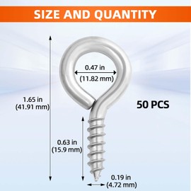 MewuDecor #10 x 1-5/8" (1.65 Inch) Screw Eyes, Screw in Eye Hooks for Securing Cables Wires, Self Tapping Screws Eye Bolts for Indoor & Outdoor Use, Silver, 50 PCS