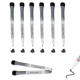 GreenGee Dry Erase Markers, Extra Fine Point, Black, 6 Pcs Marker Pens with Magnet, Round Point, 2mm Eraser for Whiteboards, Glass/Plastic/Smooth Desktop Signs for Office, Home, School, Easy to Carry